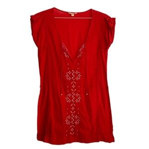American Eagle Dress!! Red With White Embroidery, Linen Dress; GUC;Size Small